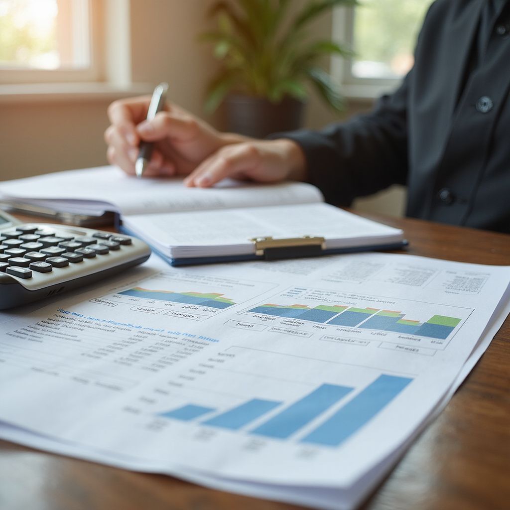 A person in a black shirt works at a desk, reviewing financial charts and documents with a calculator nearby.