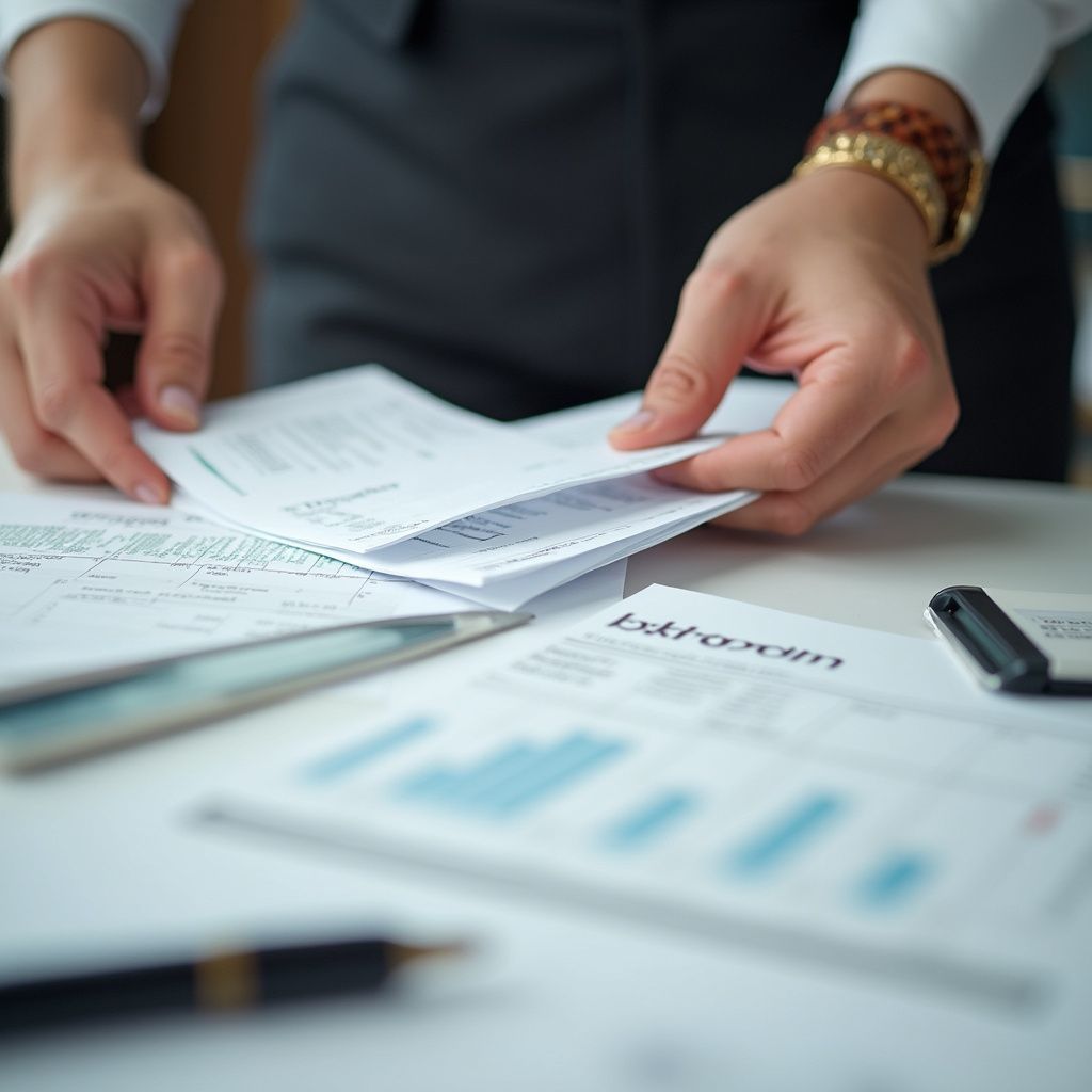 Person in a suit calculating finances with a calculator, charts, and notebook on a desk.