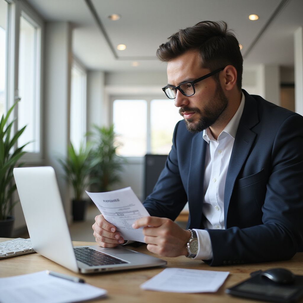Man in suit and glasses reviews document, looking at laptop in an office setting.