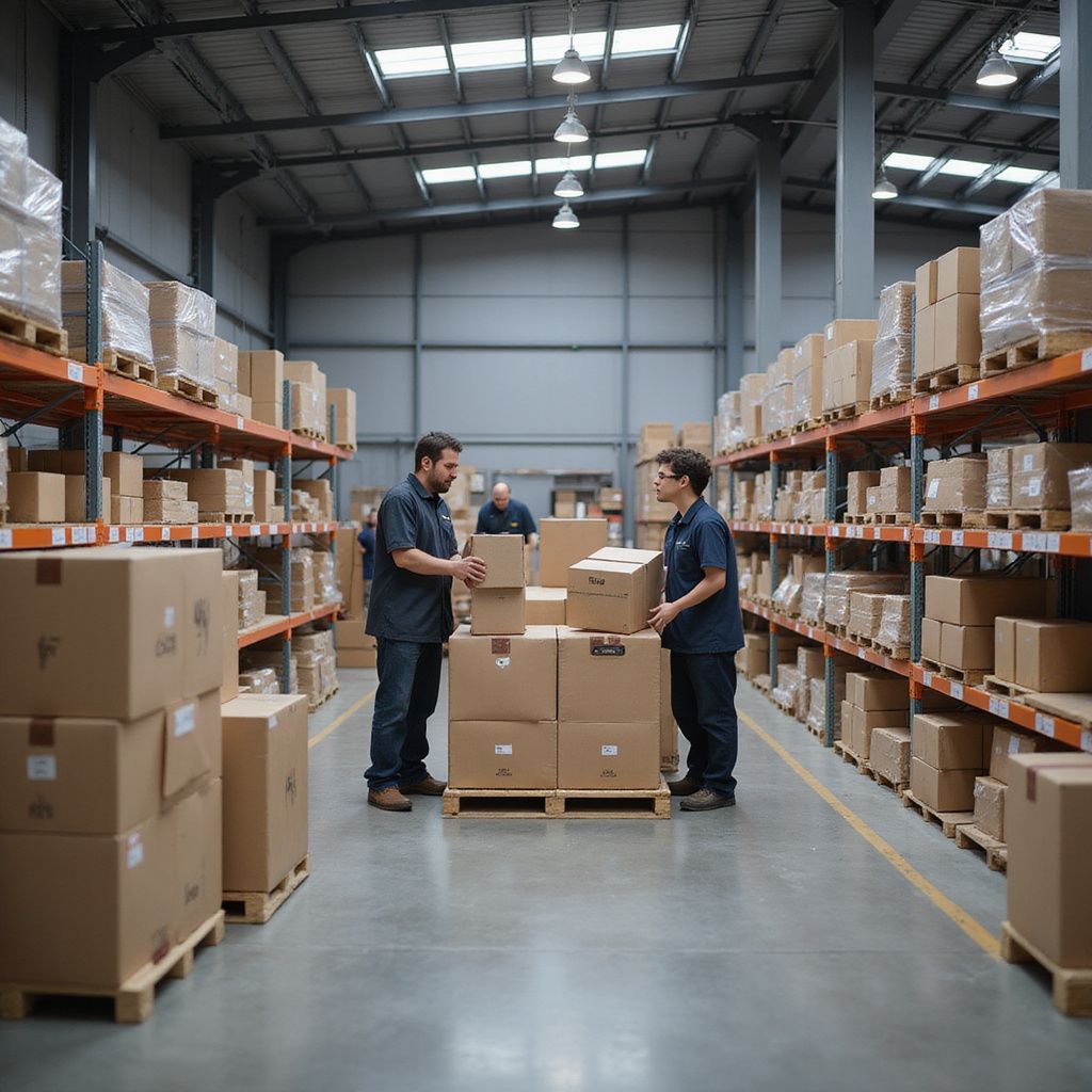 Two people in warehouse, stacking boxes. Shelves filled with packages. Gray walls, fluorescent lights.