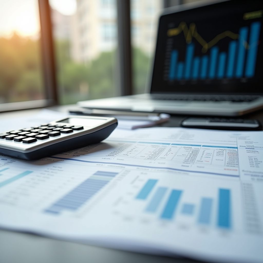 Calculator, laptop with graphs, and financial documents on a desk by a window.