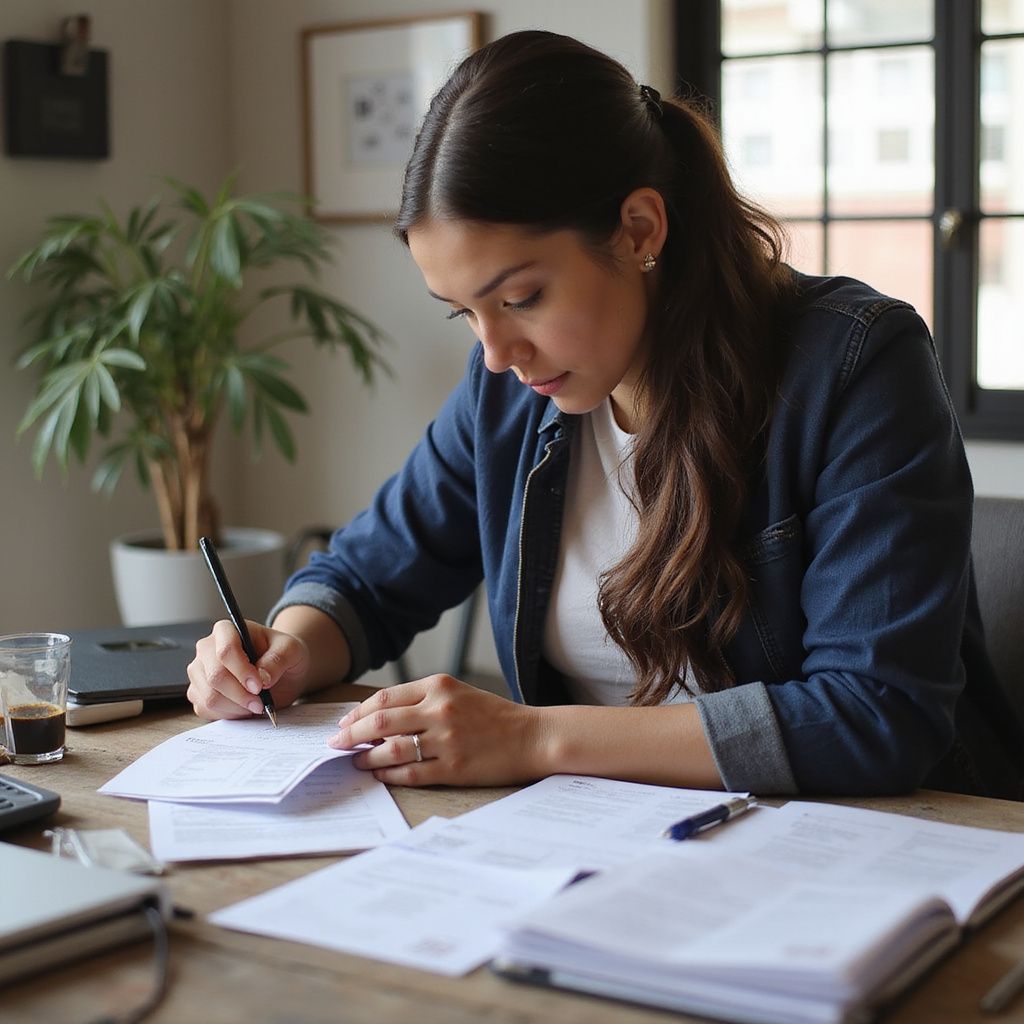 Woman writing at a desk, papers spread out, focused expression, denim shirt, bright room, pen in hand.