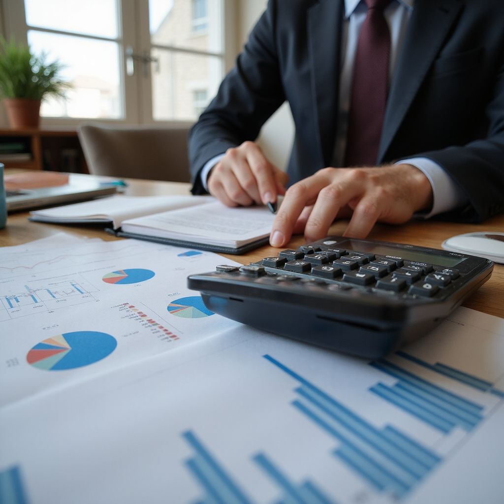 Person in a suit calculating finances with a calculator, charts, and notebook on a desk.