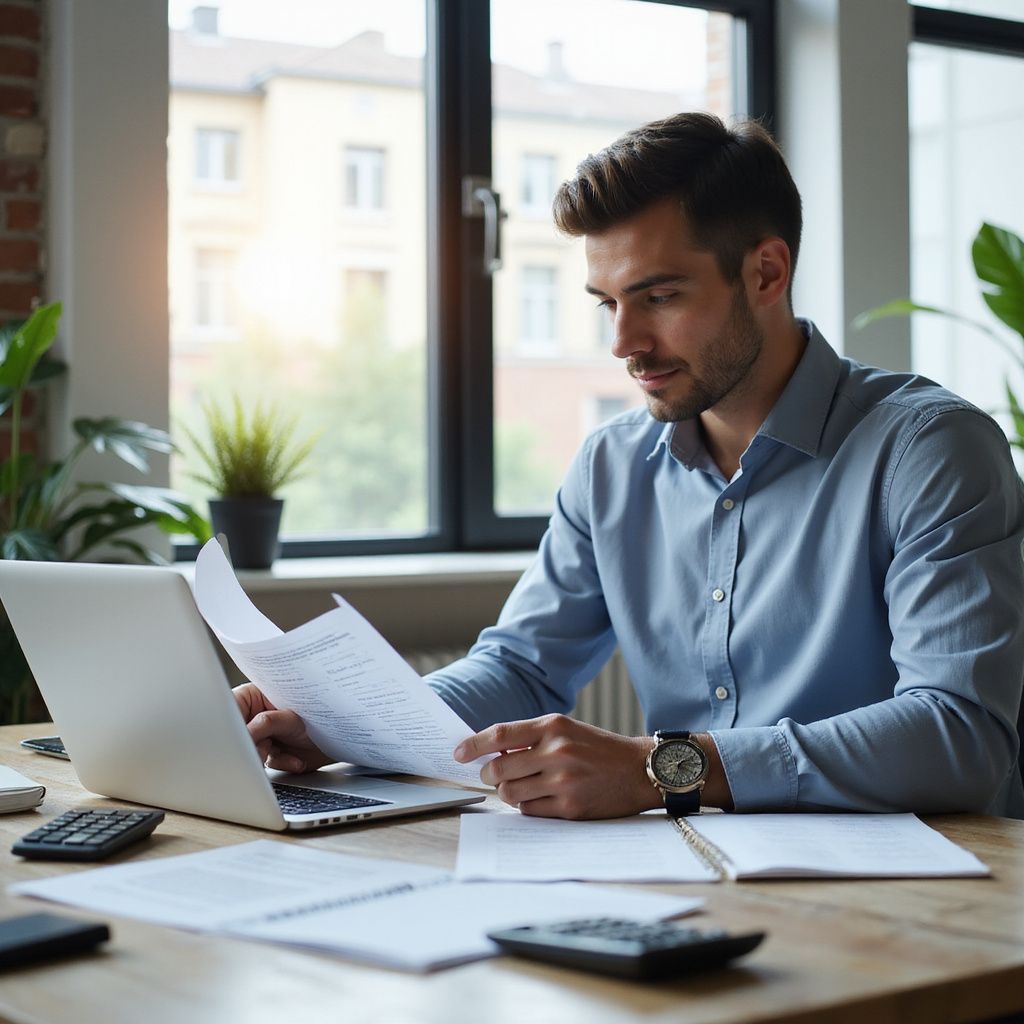 Man in blue shirt, working at desk with laptop, reviewing documents. Sunlight from window.