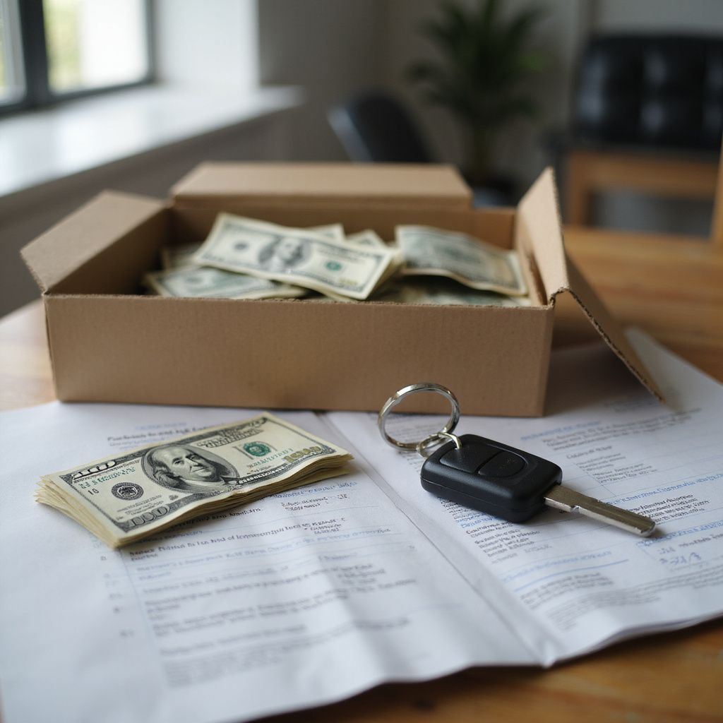 Box of cash, car keys, and documents on a table.