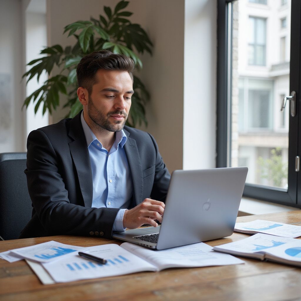 Man in suit working on laptop, documents with graphs on desk. Office setting.