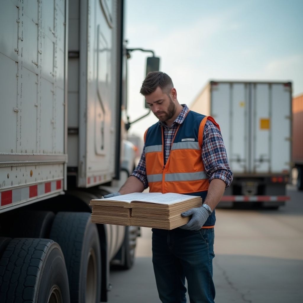 Truck driver in orange vest, holding paperwork, standing next to a semi-trailer in a loading area.