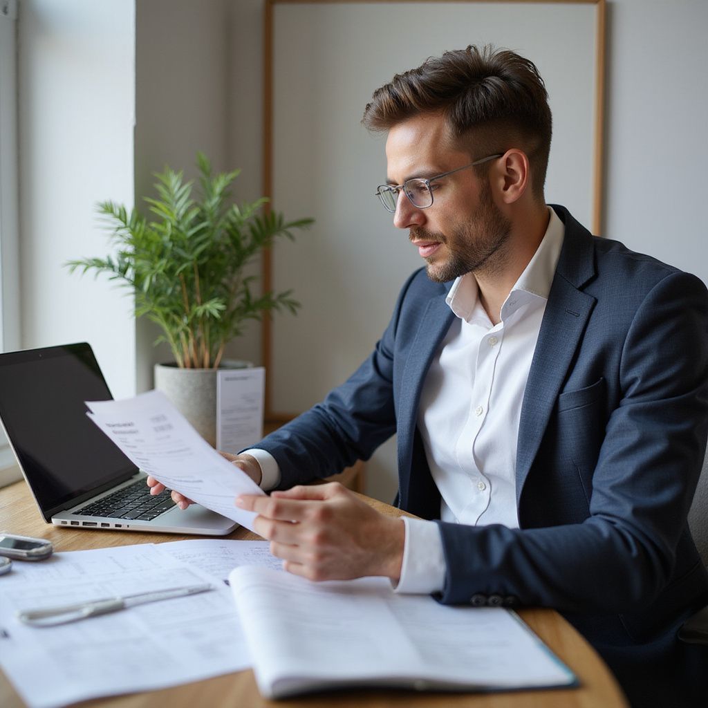 Man wearing glasses and suit, reviews papers at a desk with laptop and plant, near window.