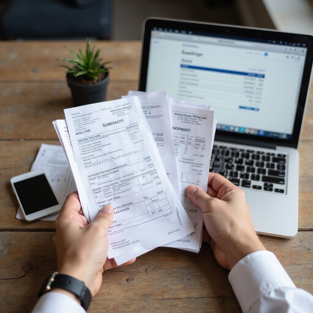 Person holding receipts, working on a laptop at a wooden desk with a phone and a small plant.