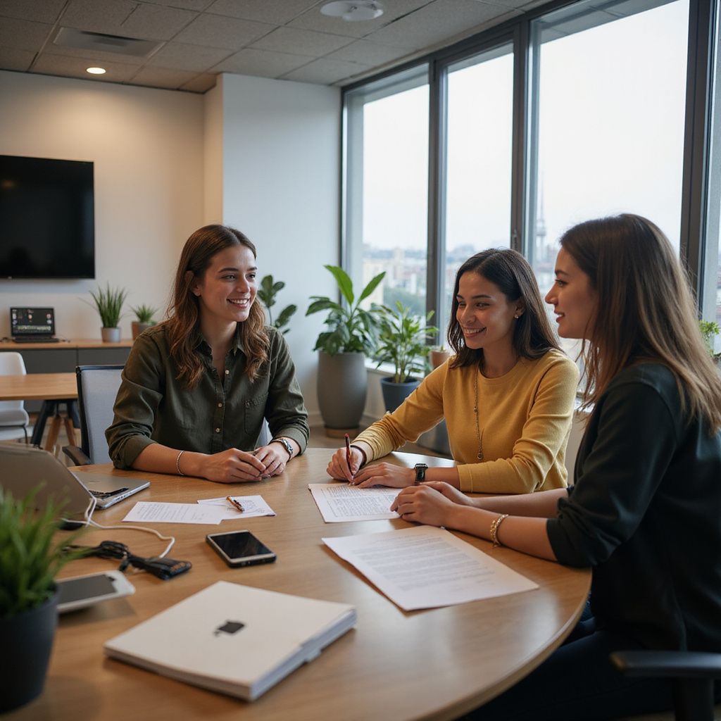 Three women seated at a round table in an office, smiling, looking at papers.