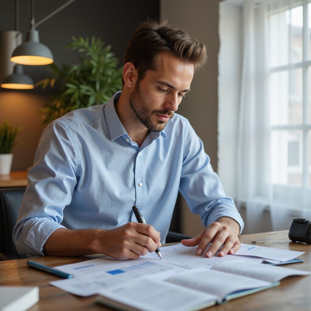 Man writing at a desk, reviewing papers; natural light, neutral colors.