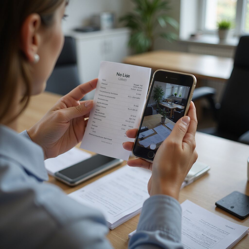 Woman scanning receipt with phone in office, possibly for expense tracking.