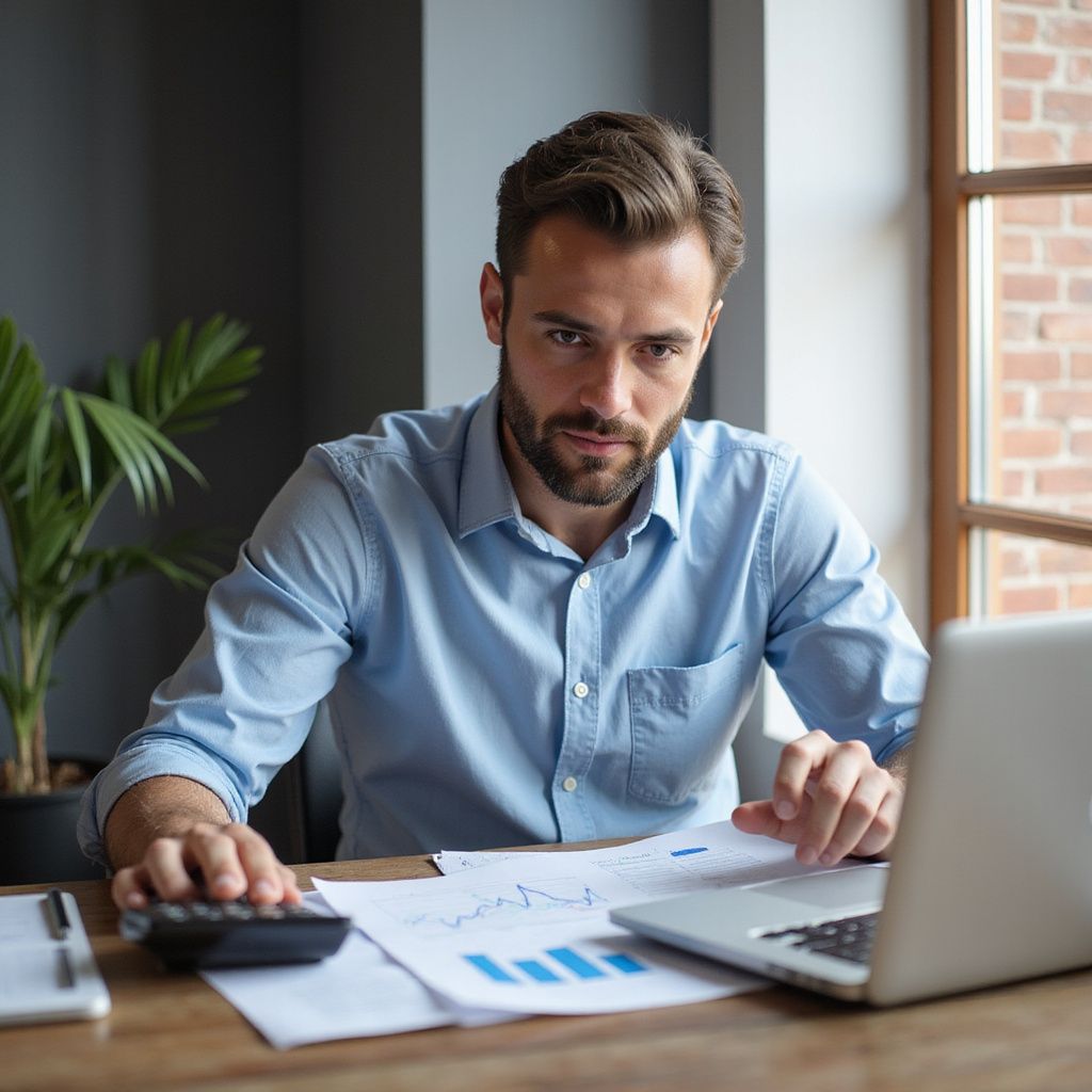 Man using calculator, looking at data charts and laptop at desk by window.