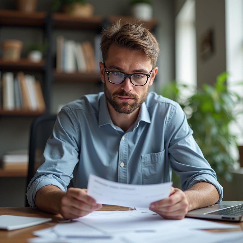 Man with glasses reviews paperwork at a desk, looking focused.