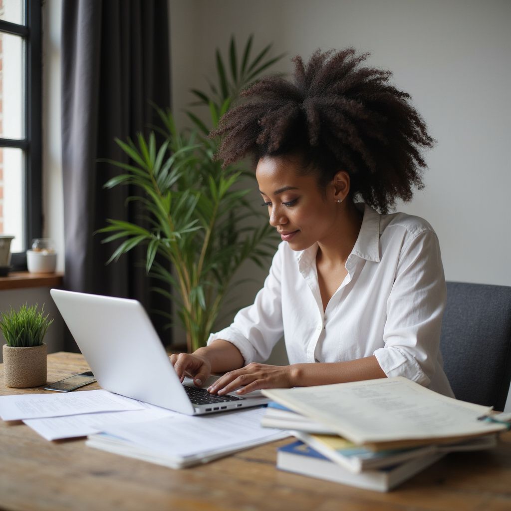 Woman with afro working on a laptop at a desk with papers, a plant, and a window.