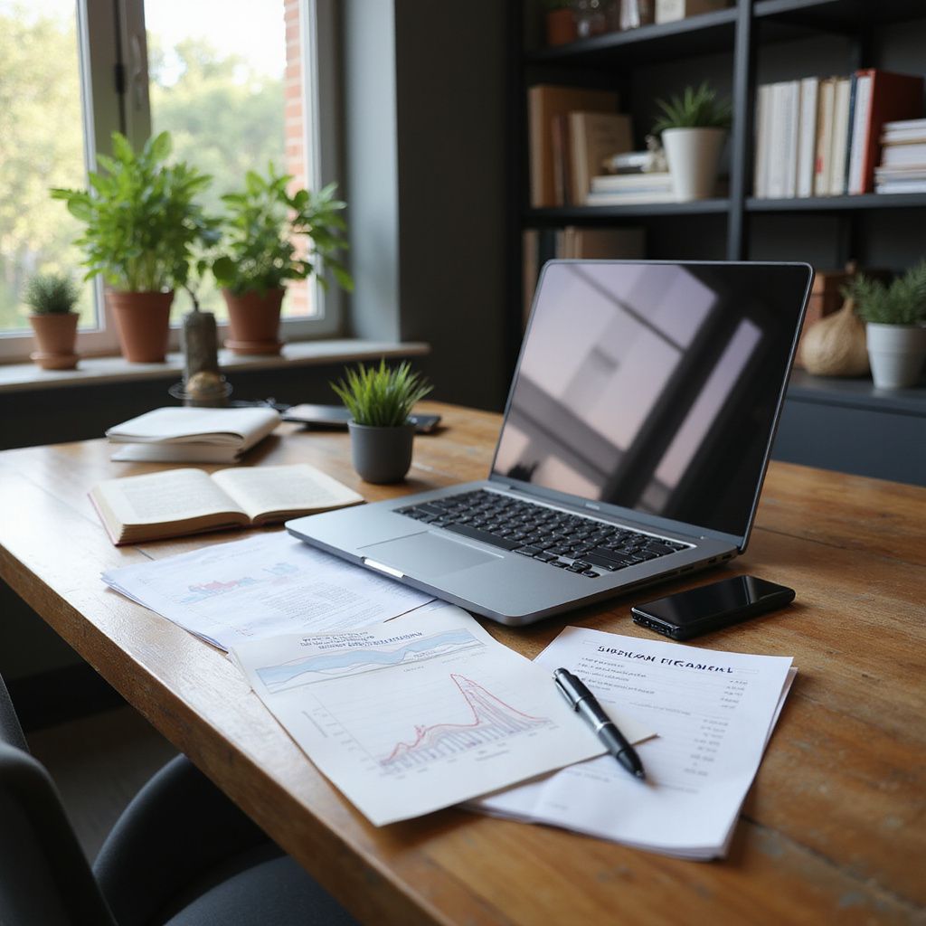 Laptop and documents on a wooden desk near a window with plants; home office setting.