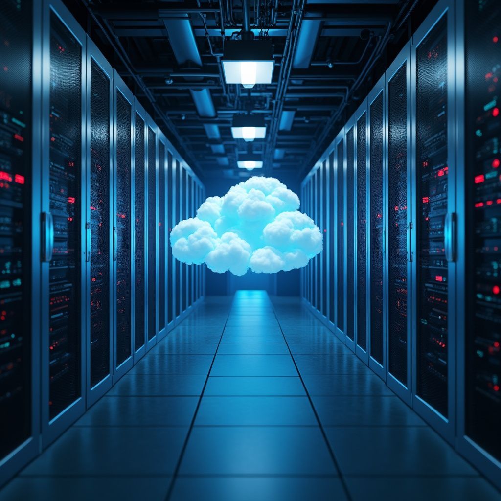 A cloud-shaped icon hovering in a server room hallway. Dark, blue lighting illuminates the space.