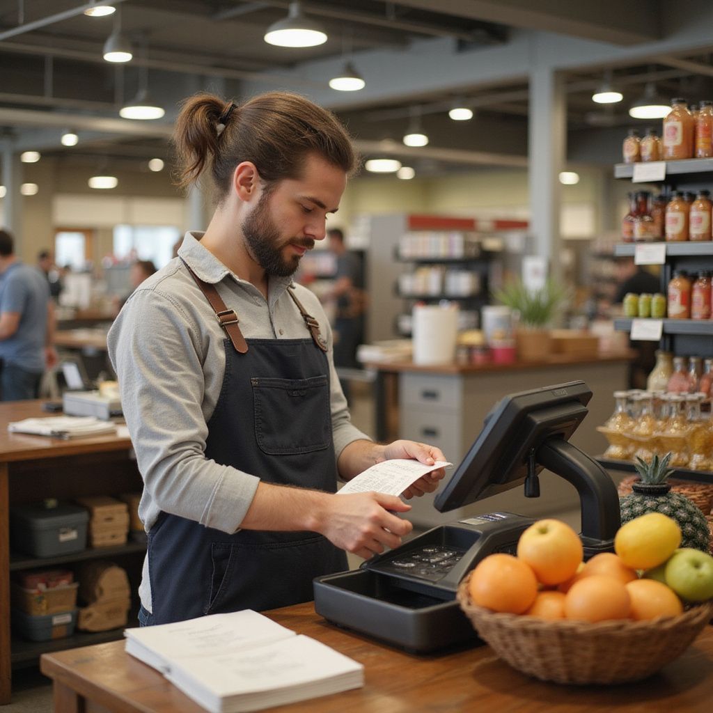 Man in apron working at a grocery store checkout, arranging receipt, fruit basket in foreground.