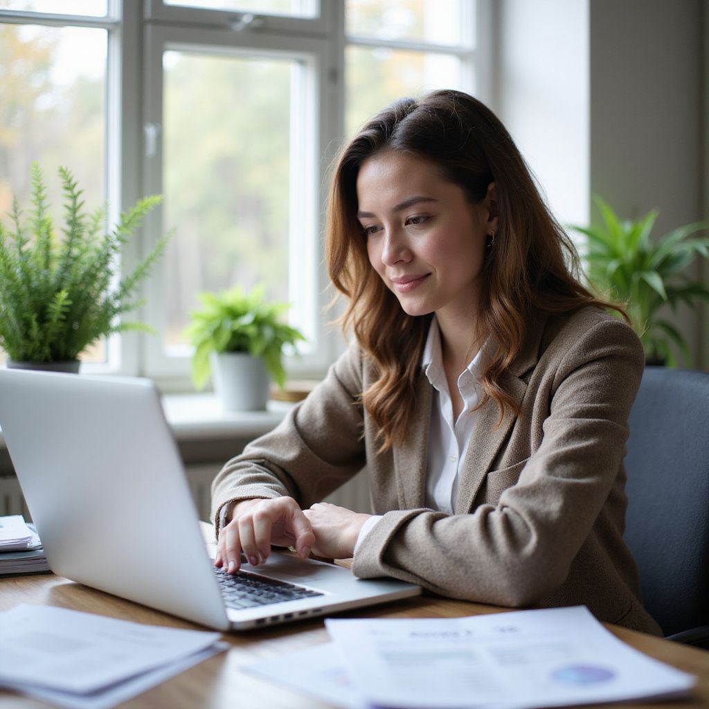 Woman in a blazer works on a laptop at a desk with papers. Natural light from a window.