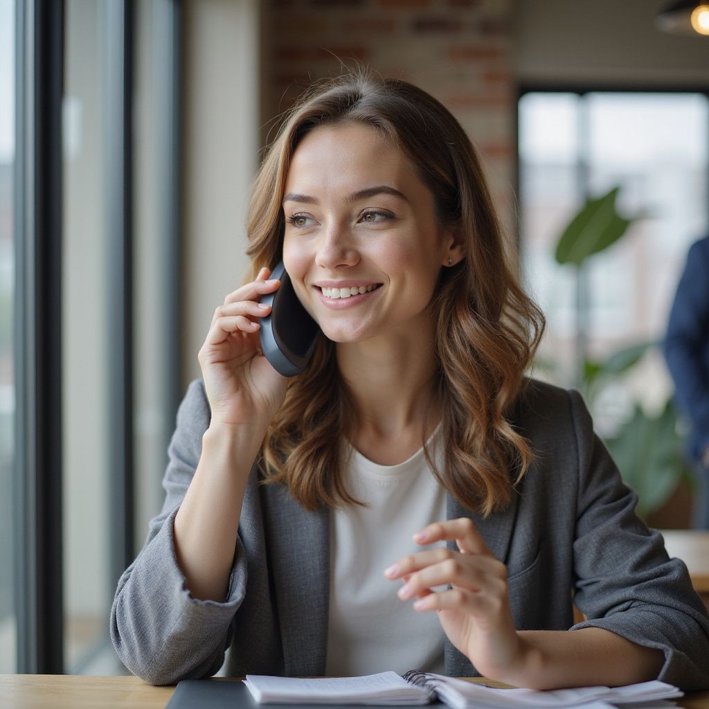 Woman in gray blazer smiling while talking on a phone, sitting near a window with a notebook.