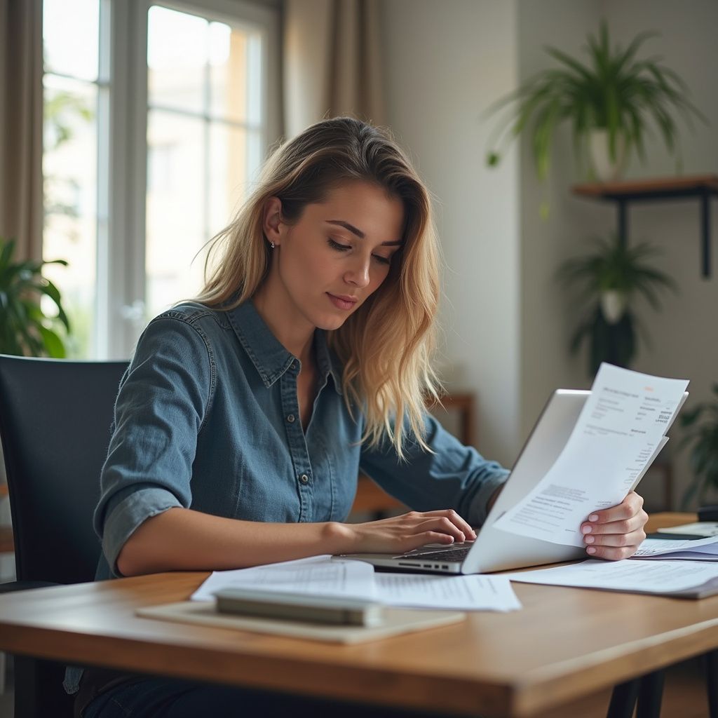 Woman works on laptop, reviewing papers at a desk in a well-lit room.
