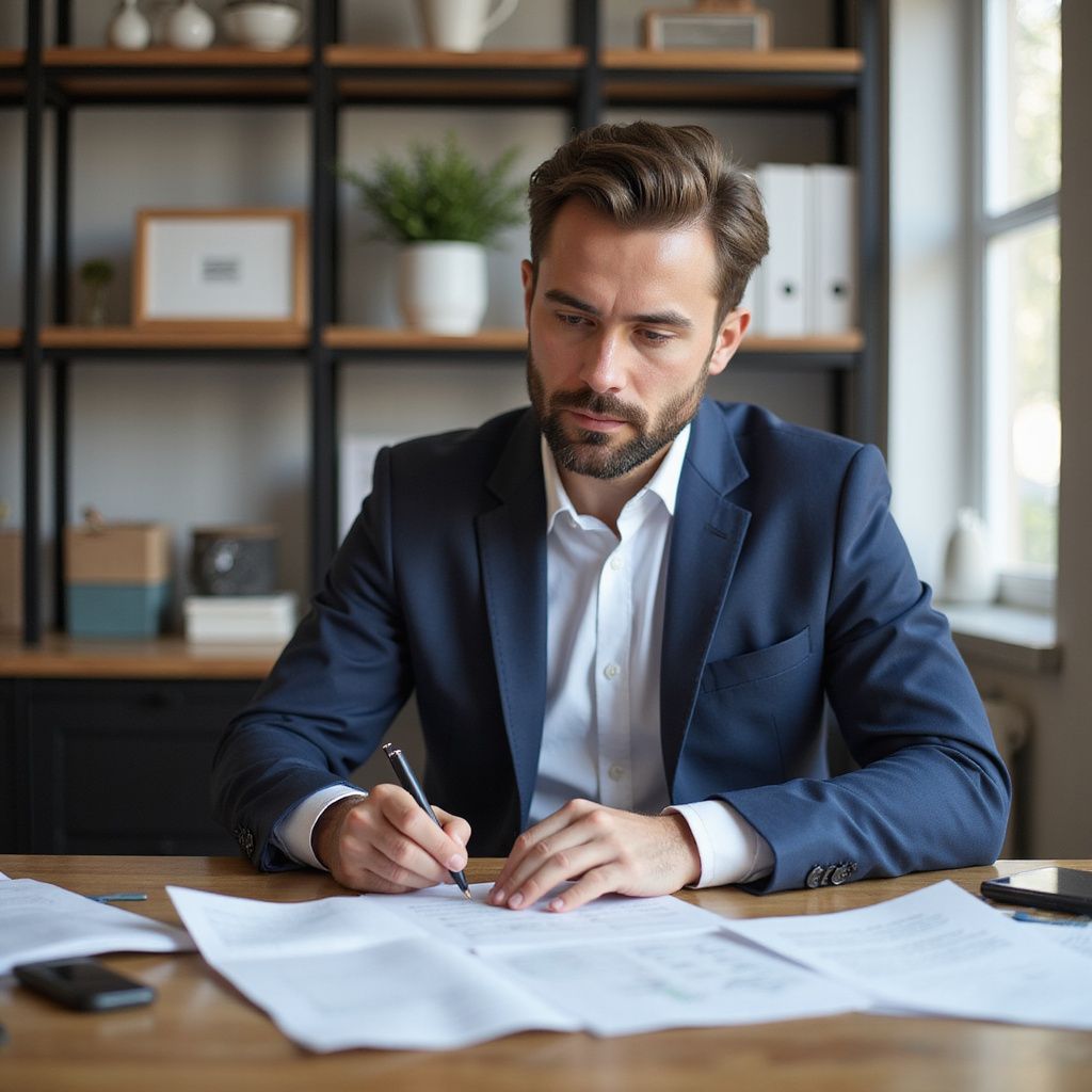 Man in blue suit writing at a desk, reviewing papers, focused expression, office setting.