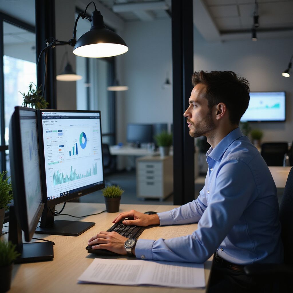 Man working at desk with two computer monitors, illuminated by a desk lamp, in an office setting.