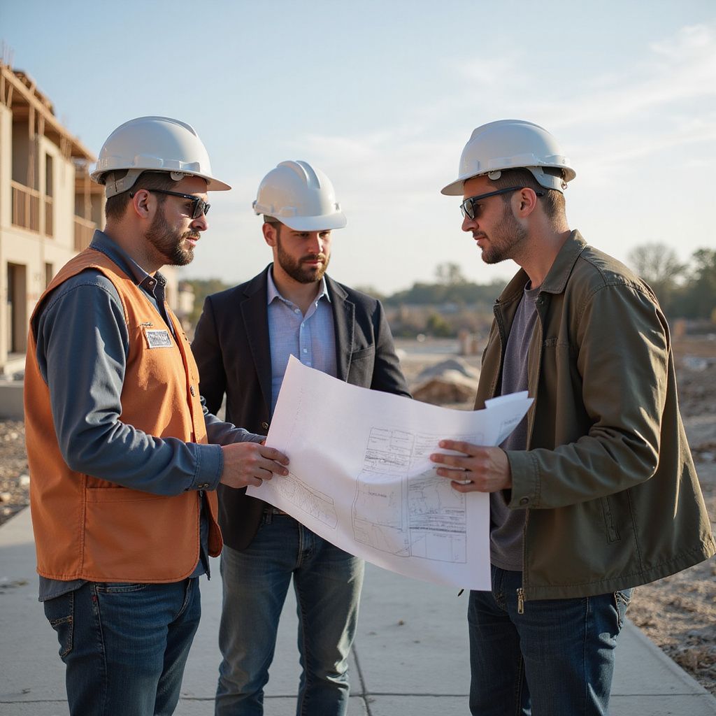 Three construction workers in hard hats examine blueprints at a construction site.