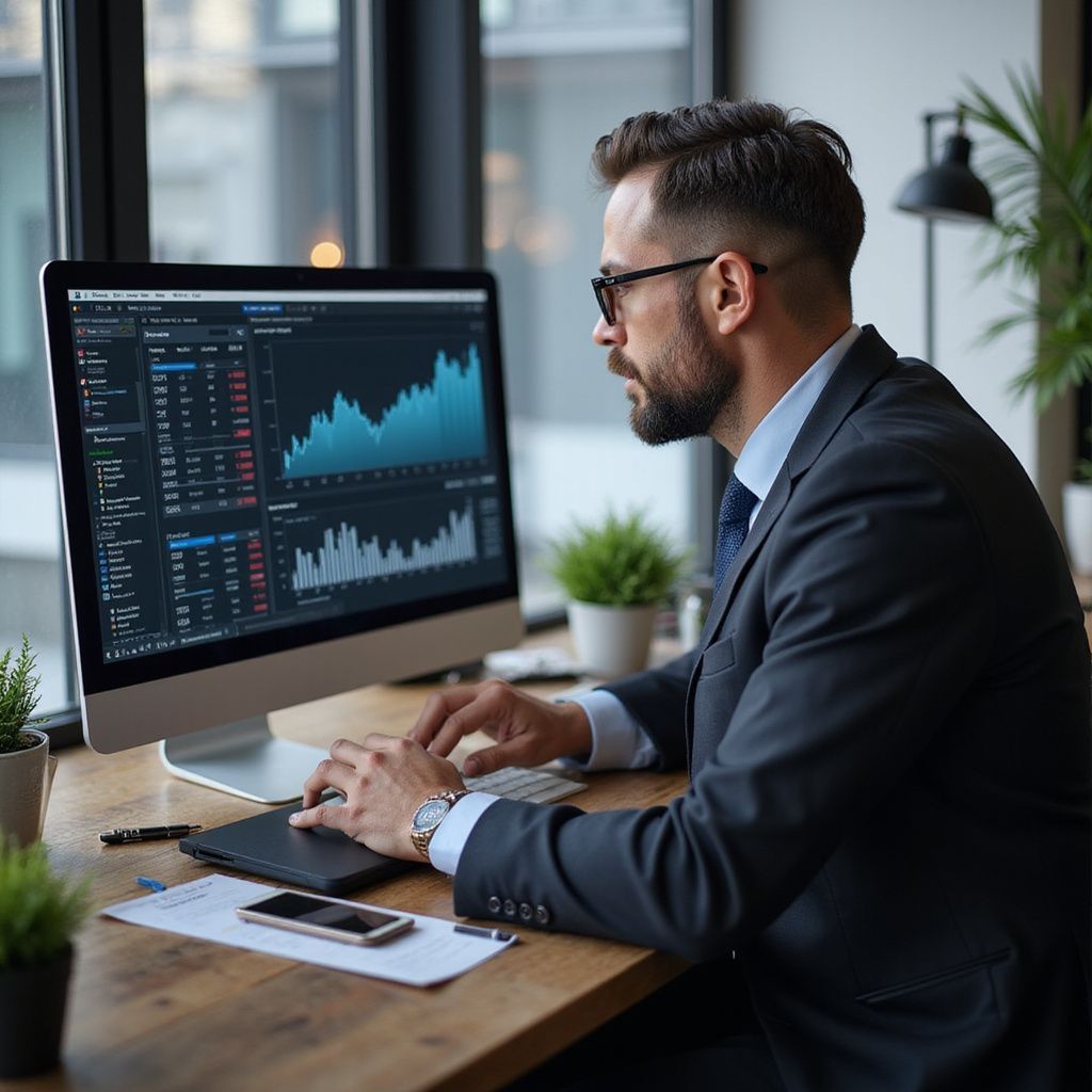 Man in suit analyzing stock charts on a computer in an office setting.