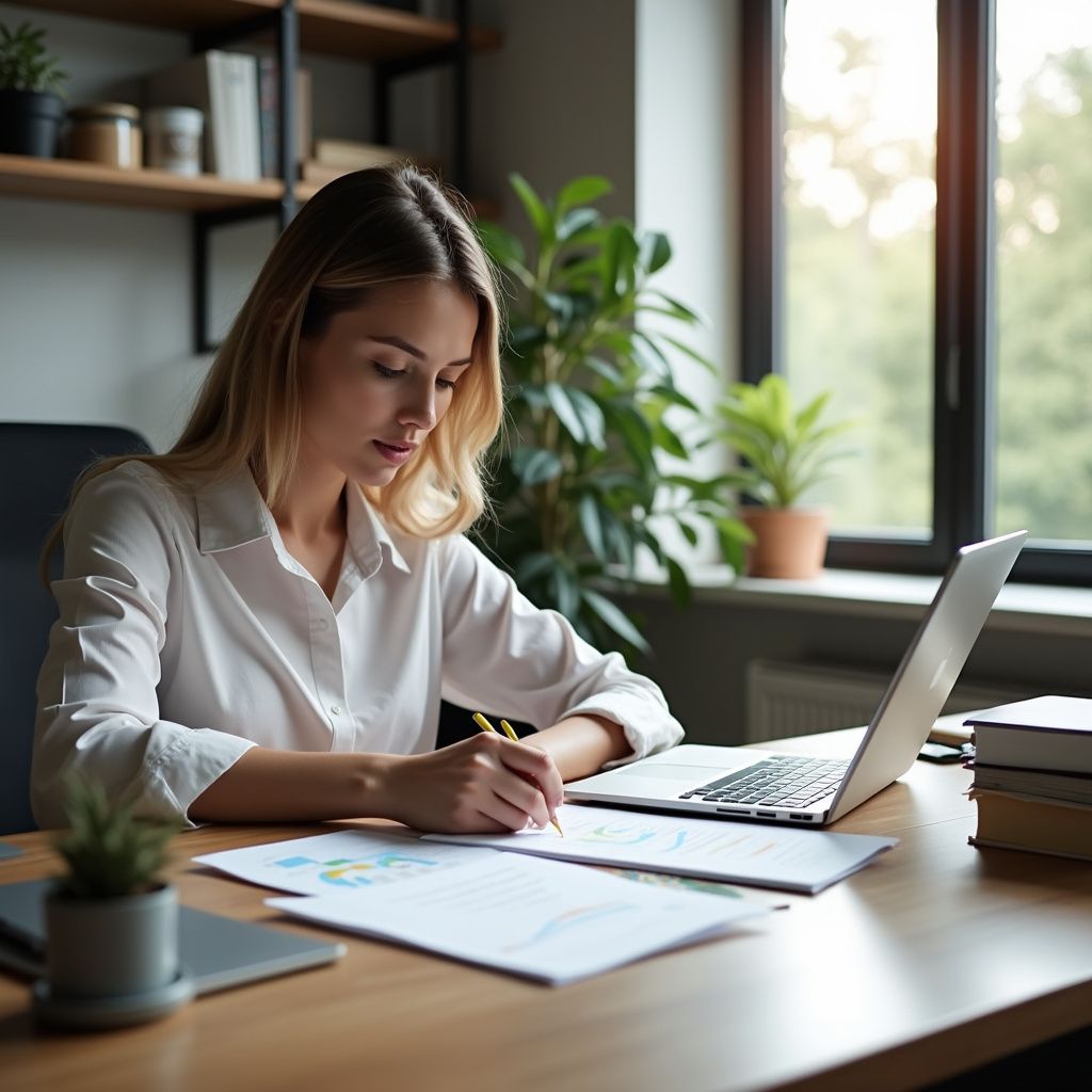 Woman at desk writing on papers, laptop open, working in well-lit office with plants.