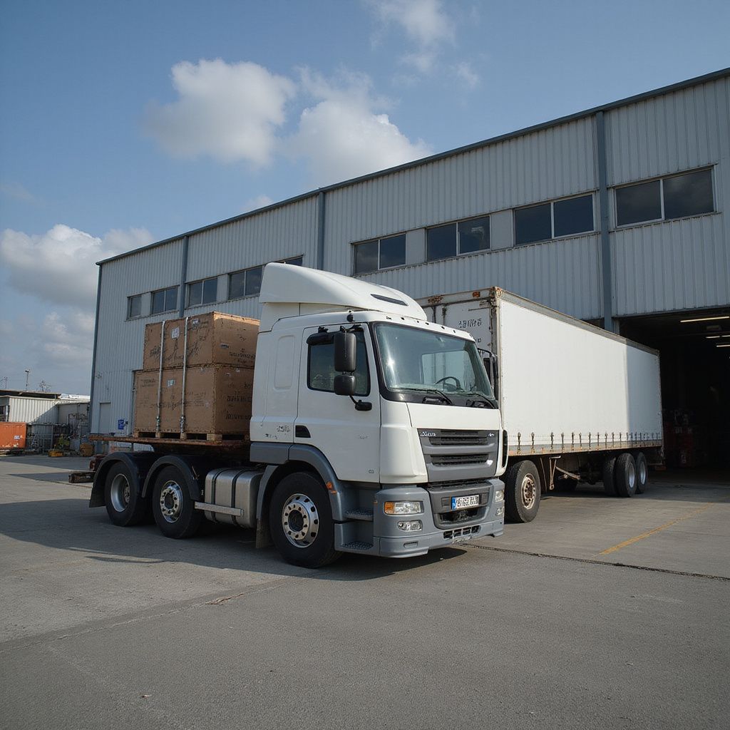 White semi-truck parked by a warehouse; pallets of boxes visible on the trailer.