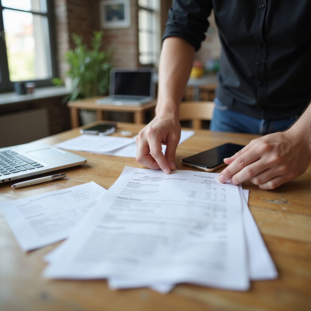 Person in black shirt reviewing paperwork at a wooden table with a laptop, phone, and window in the background.