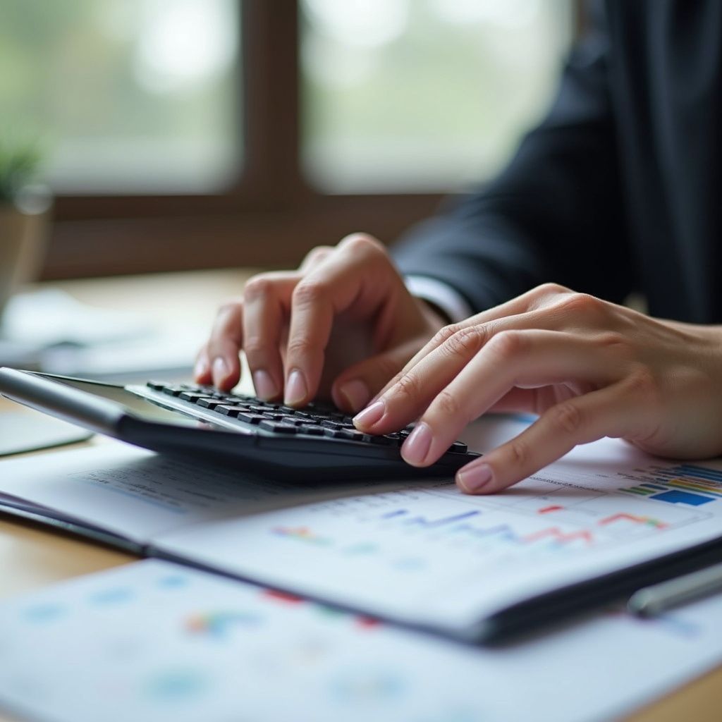 Hands using a calculator over financial documents.