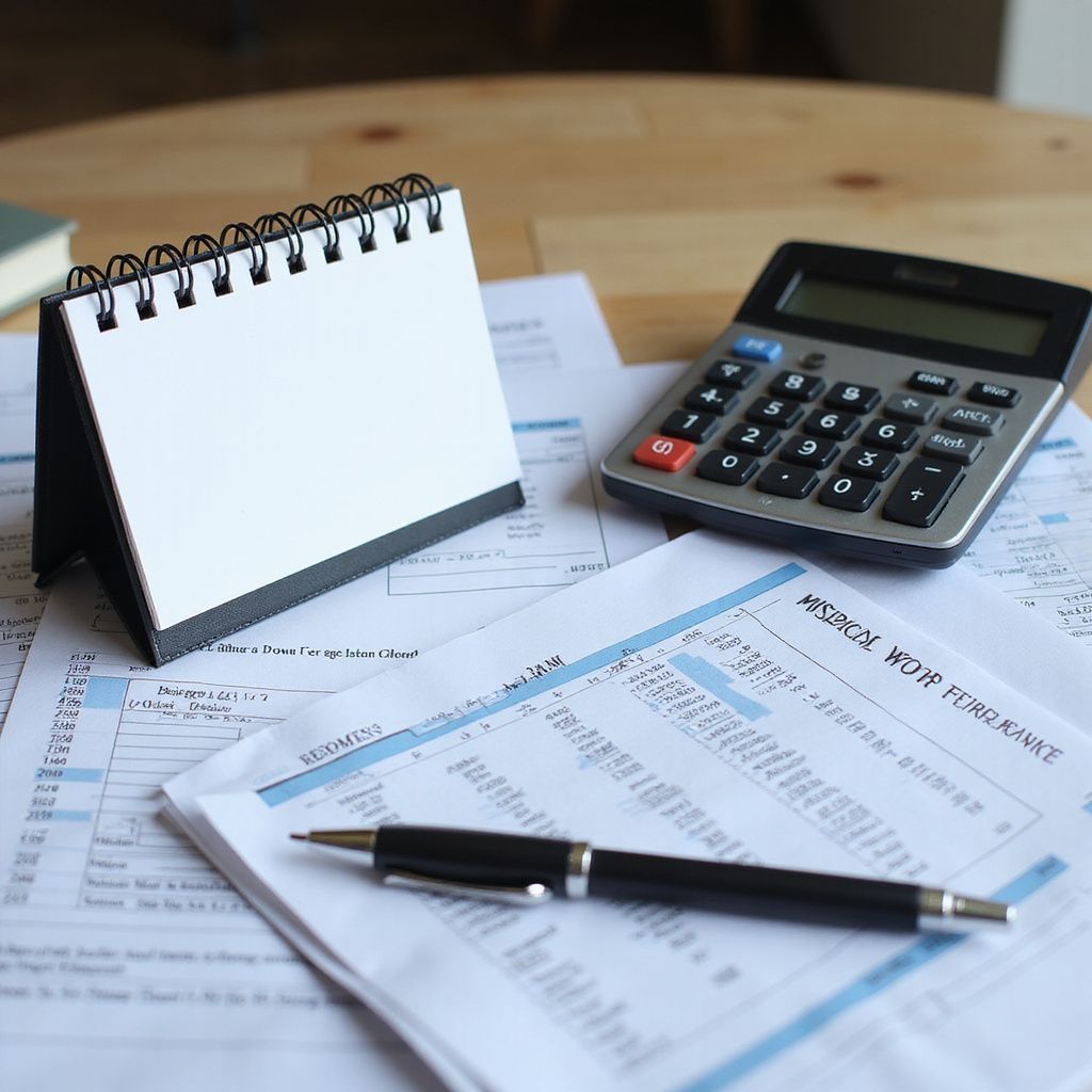 Desk with documents, calculator, pen, and blank desk calendar, likely for financial planning.