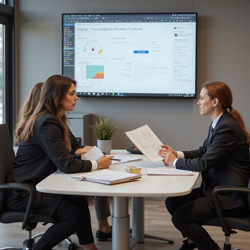 Three people in suits at a table in a meeting, reviewing documents and screen with data.