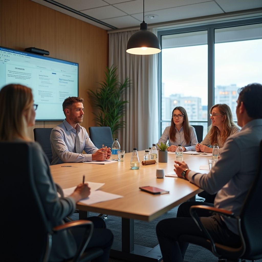 A team sits around a table in a modern meeting room, discussing plans, with a screen in the background.