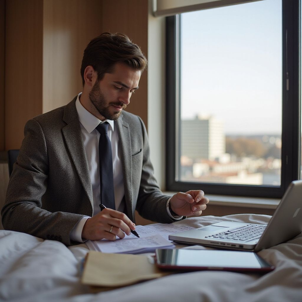 Man in suit working on paperwork and laptop in a hotel room with city view.