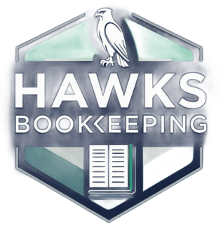 Hawks Bookkeeping logo with a hawk illustration and open book, set within a teal and silver hexagon.