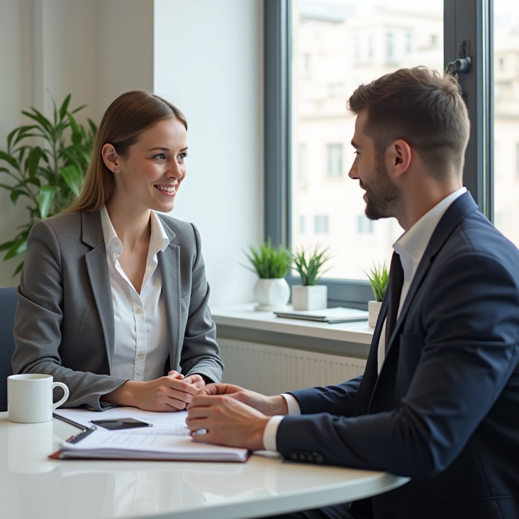 Woman and man in suits at a table, smiling and conversing near a window with plants.