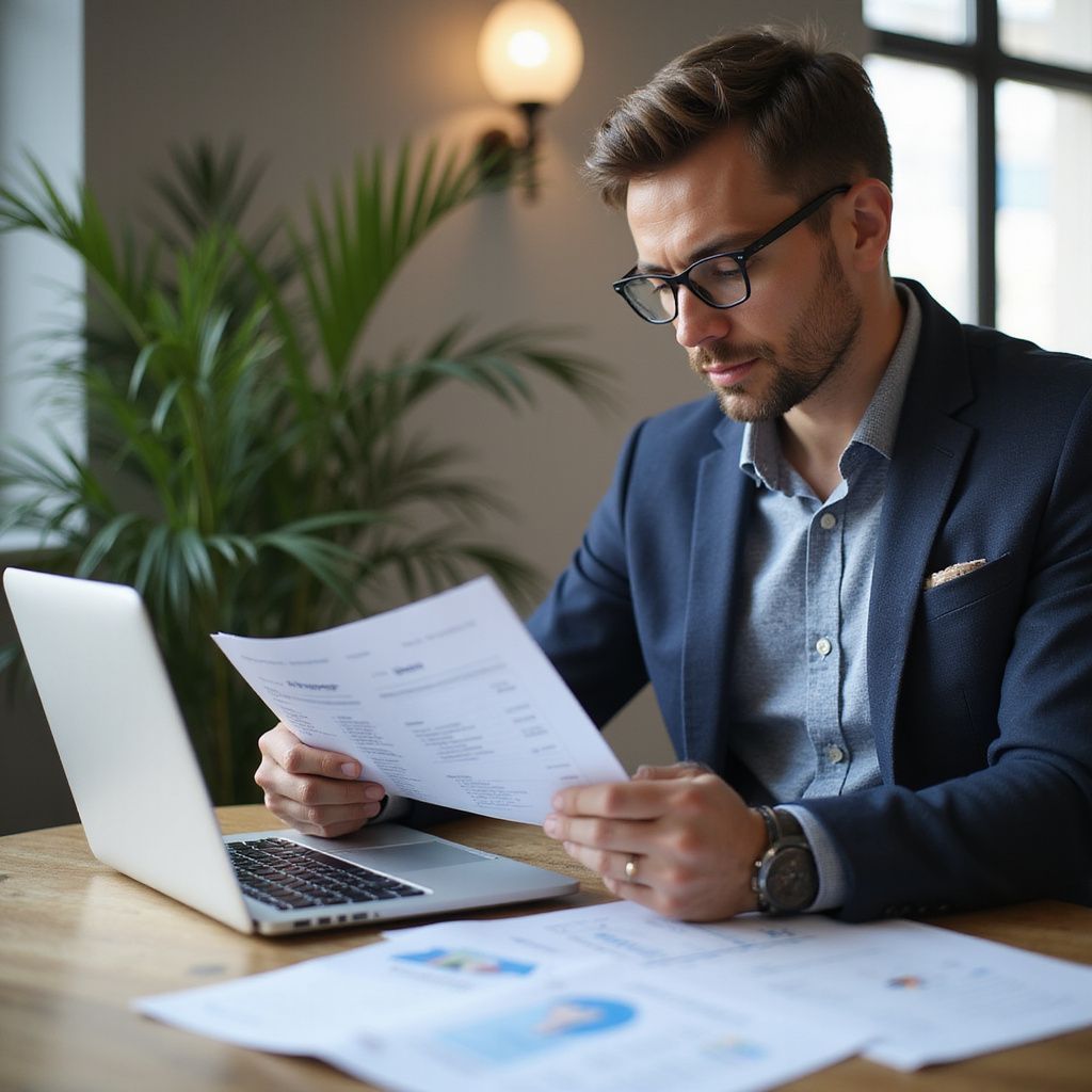 Man in a blazer and glasses reviews documents at a desk with a laptop and plant.