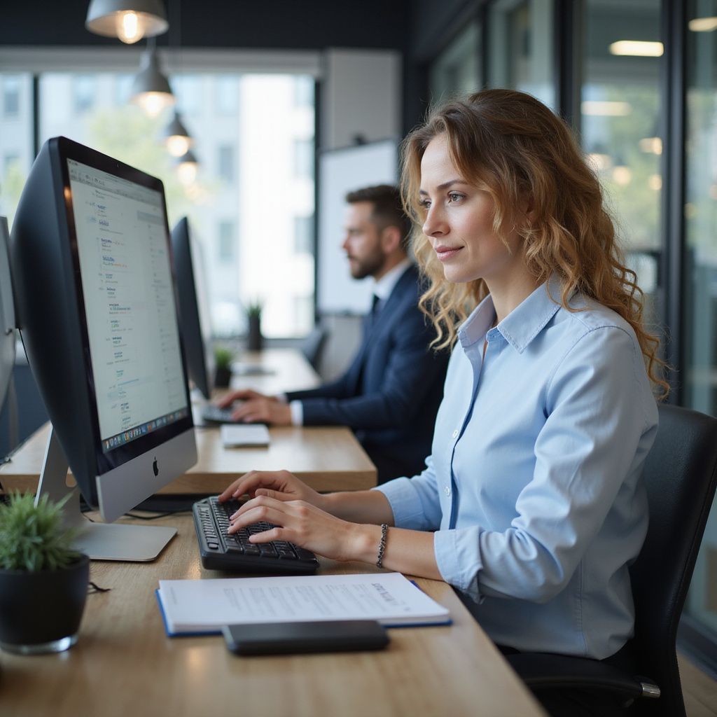 Woman typing at computer in an office, man in suit in background.