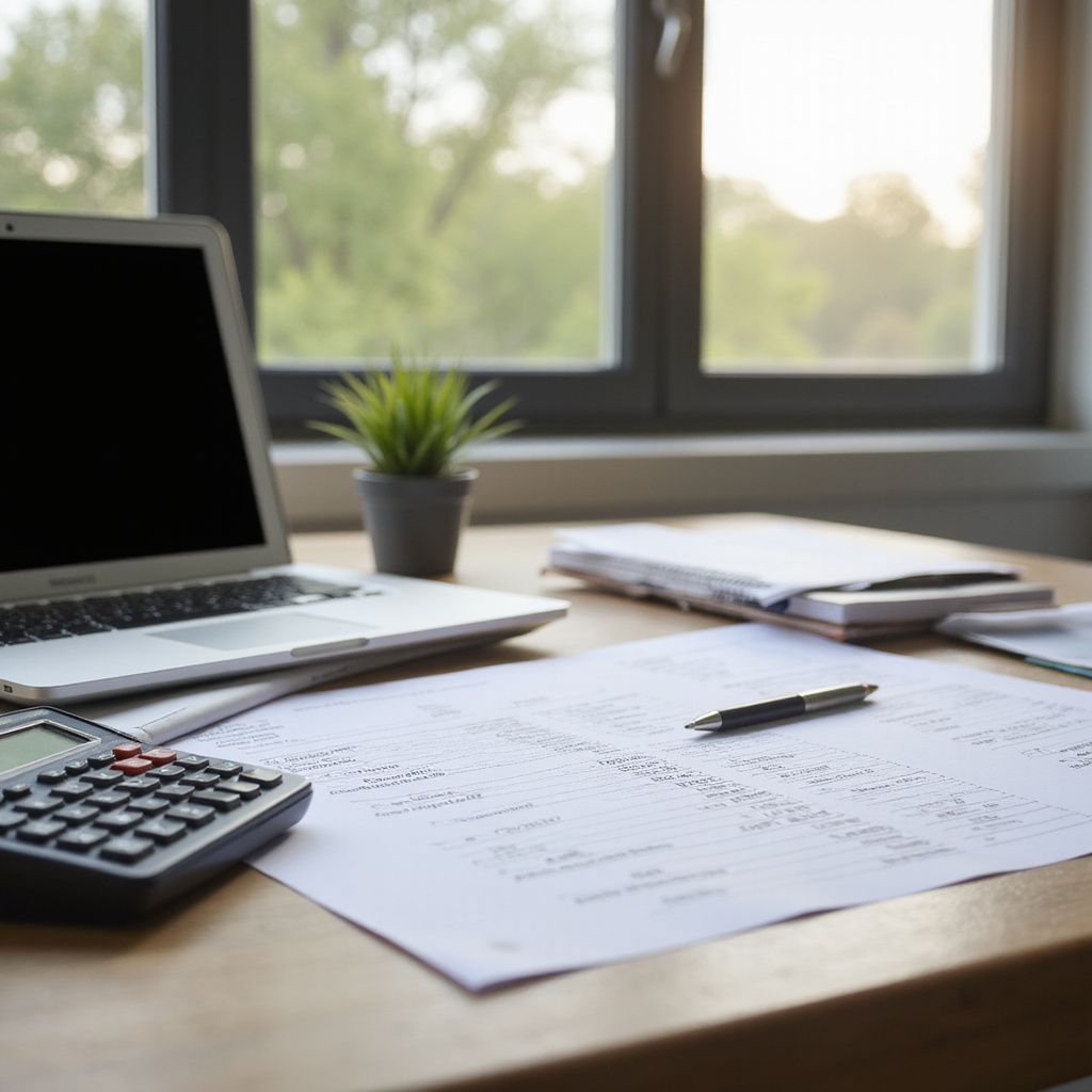 Laptop, calculator, documents, and pen on a desk near a window with a small plant.
