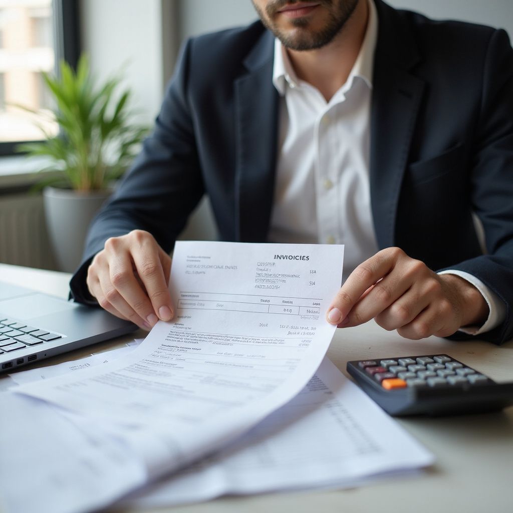 Man in suit reviewing paperwork with calculator on desk.