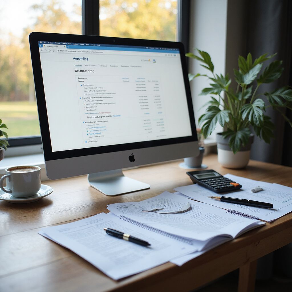 Desktop with computer, paperwork, calculator, coffee, and a plant near a window.