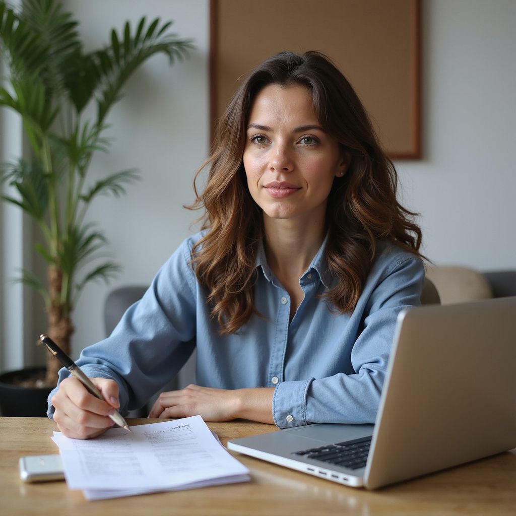 Woman writing at a desk with laptop, plant, and papers; looking at the camera.