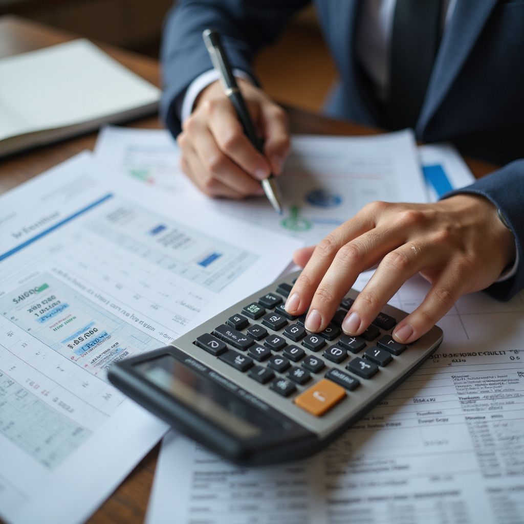 Person in a suit calculating with a calculator on a desk covered in financial documents.