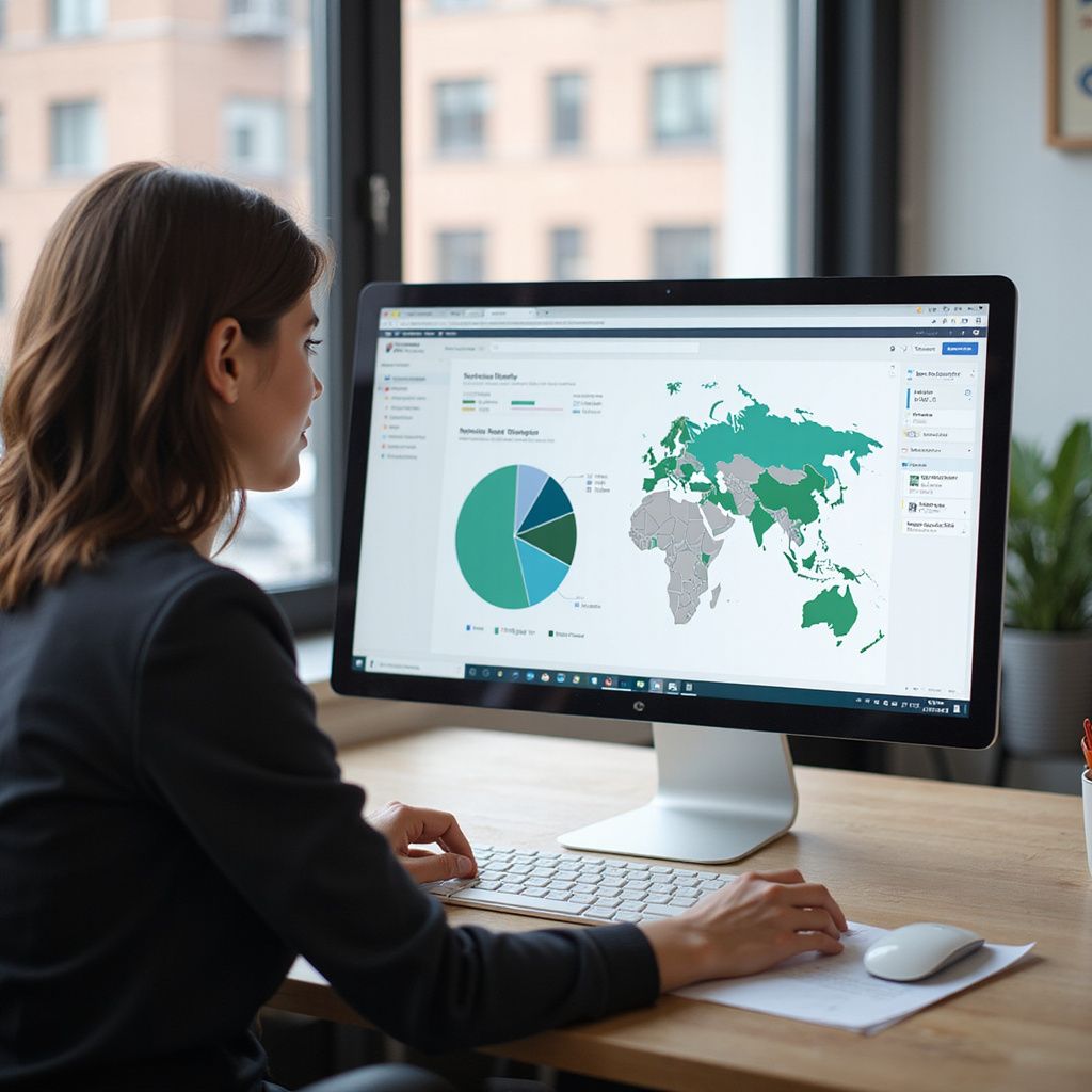 Woman at desk using computer with data visualizations: pie chart and world map.
