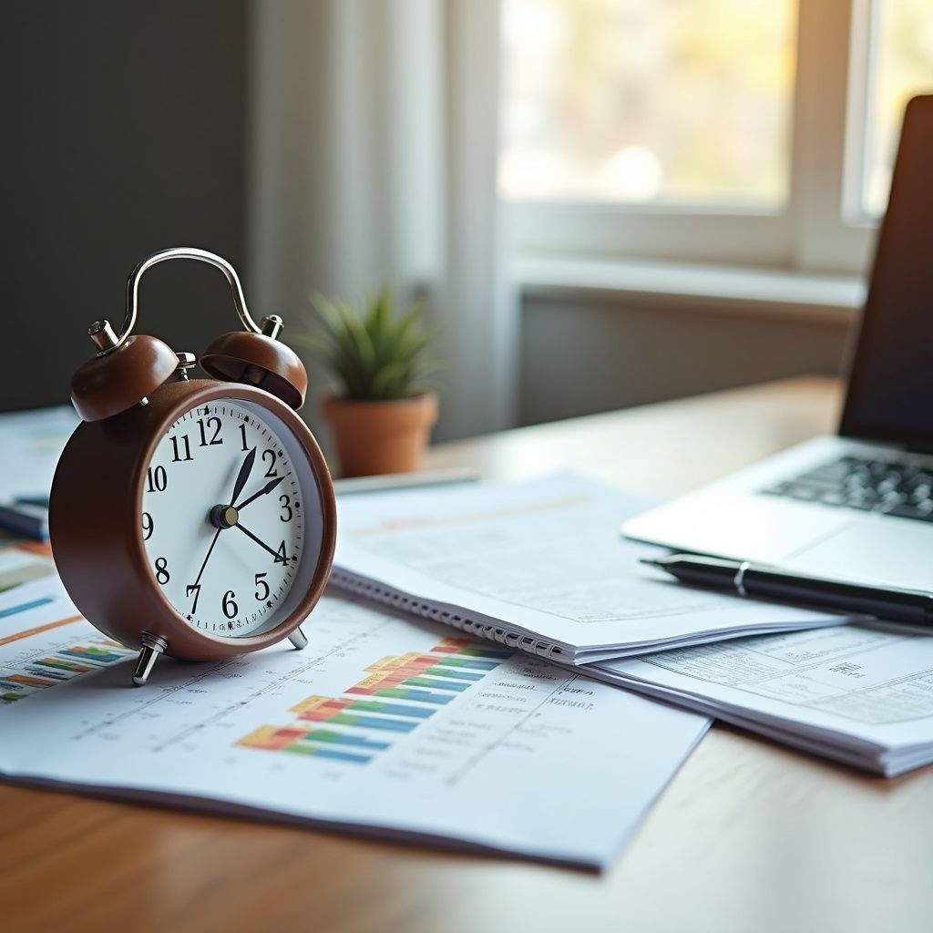 Brown alarm clock on a desk with financial charts and a laptop.