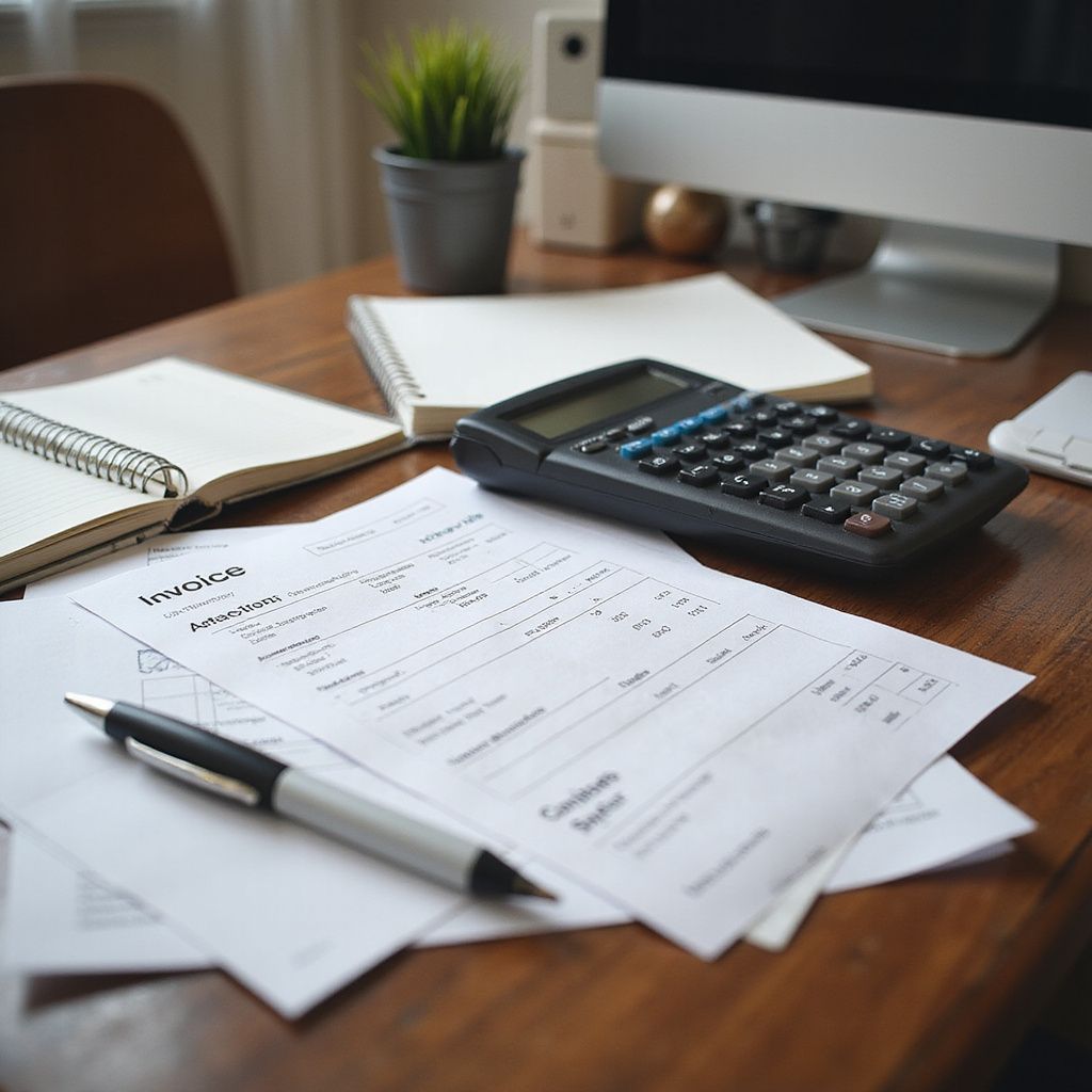 Desk with financial documents, calculator, pen, notepad, and computer monitor.