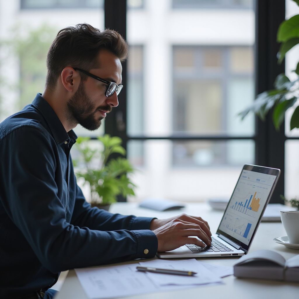 Man with glasses working on a laptop, viewing graphs and charts. Indoors at a desk near a window.